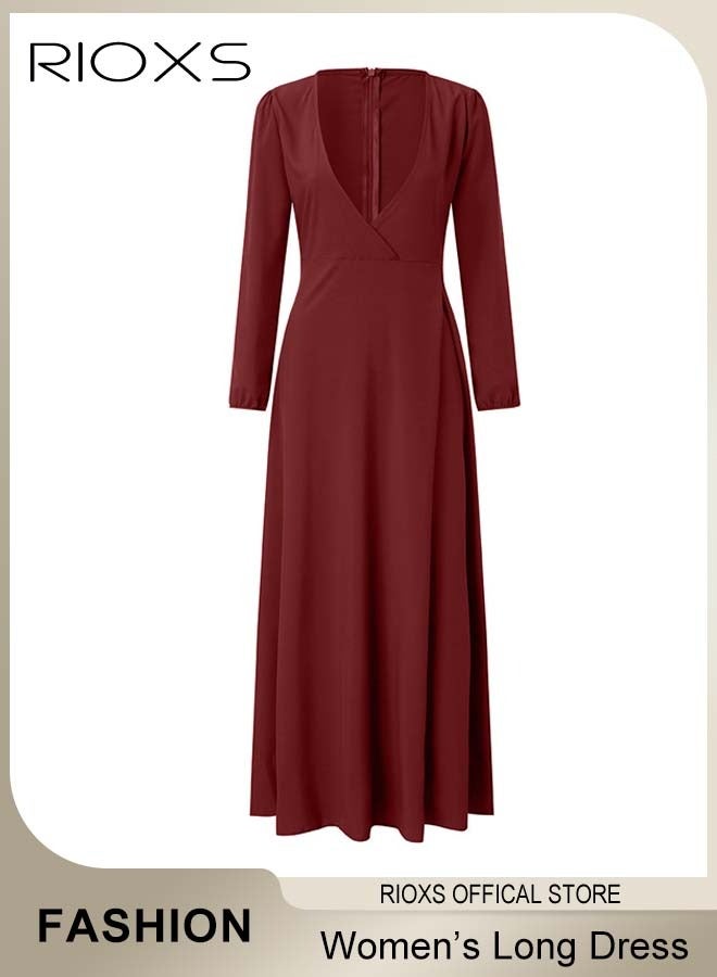 RIOXS Women's V-neck Long Sleeve Evening Dresses, Elegant High Waist Formal Maxi Dress for Ladies, Ruched Wrap Long Evening Party Prom Dress with Back Zipper and Belt, Floor-length Evening Gowns for Casual/ Formal Occasions-Burgundy Dresses - Image 4