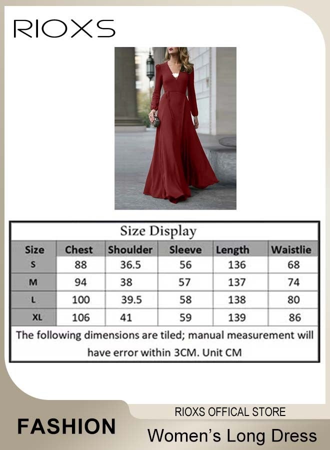 RIOXS Women's V-neck Long Sleeve Evening Dresses, Elegant High Waist Formal Maxi Dress for Ladies, Ruched Wrap Long Evening Party Prom Dress with Back Zipper and Belt, Floor-length Evening Gowns for Casual/ Formal Occasions-Burgundy Dresses - Image 5