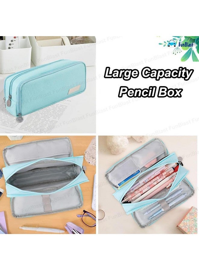 فنبلاست صندوق أقلام رصاص كبير السعة من فن بلاست للبنات والأولاد، 3 جيوب من القماش للأقلام والأقلام الرصاص، حقيبة أدوات مكتبية أنيقة لطلاب المدارس والجامعات، هدية عيد ميلاد للأطفال (أزرق سماوي) - Image 3