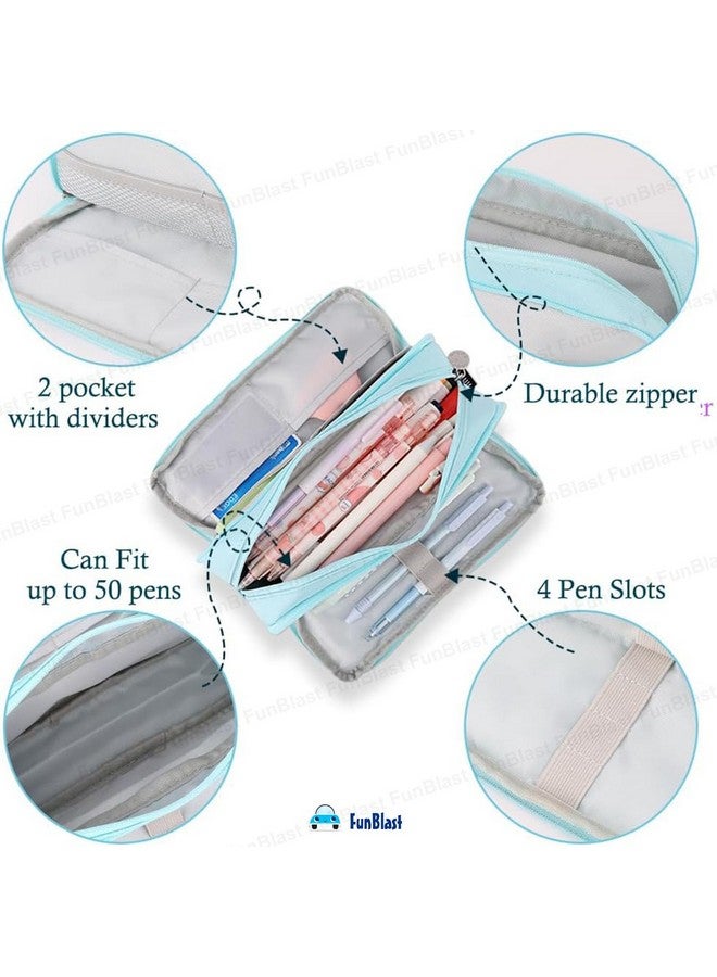 فنبلاست صندوق أقلام رصاص كبير السعة من فن بلاست للبنات والأولاد، 3 جيوب من القماش للأقلام والأقلام الرصاص، حقيبة أدوات مكتبية أنيقة لطلاب المدارس والجامعات، هدية عيد ميلاد للأطفال (أزرق سماوي) - Image 4