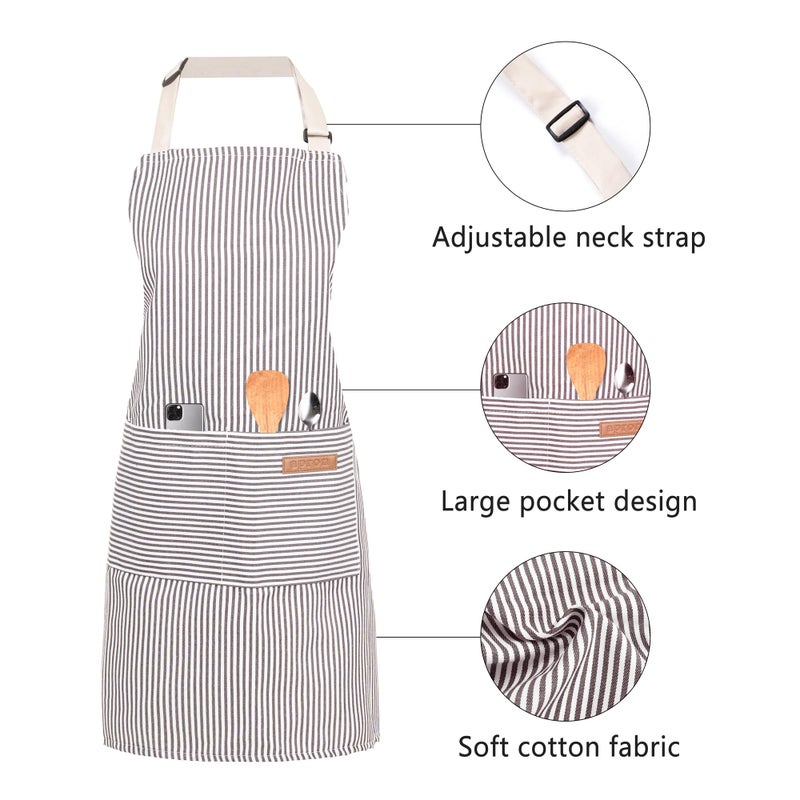 ARBINSON 2 Pack Cooking Aprons Adjustable Bib Apron for Women with 2 Pockets, Kitchen Restaurant Men Chefs Aprons (Beige/Black Stripes) - Image 3