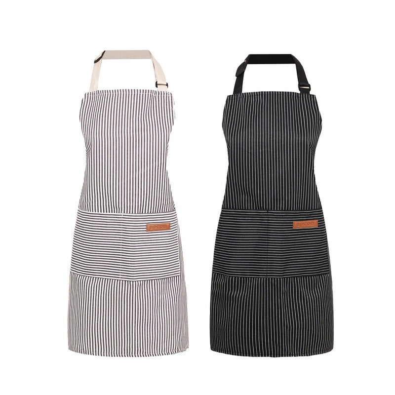 ARBINSON 2 Pack Cooking Aprons Adjustable Bib Apron for Women with 2 Pockets, Kitchen Restaurant Men Chefs Aprons (Beige/Black Stripes) - Image 1