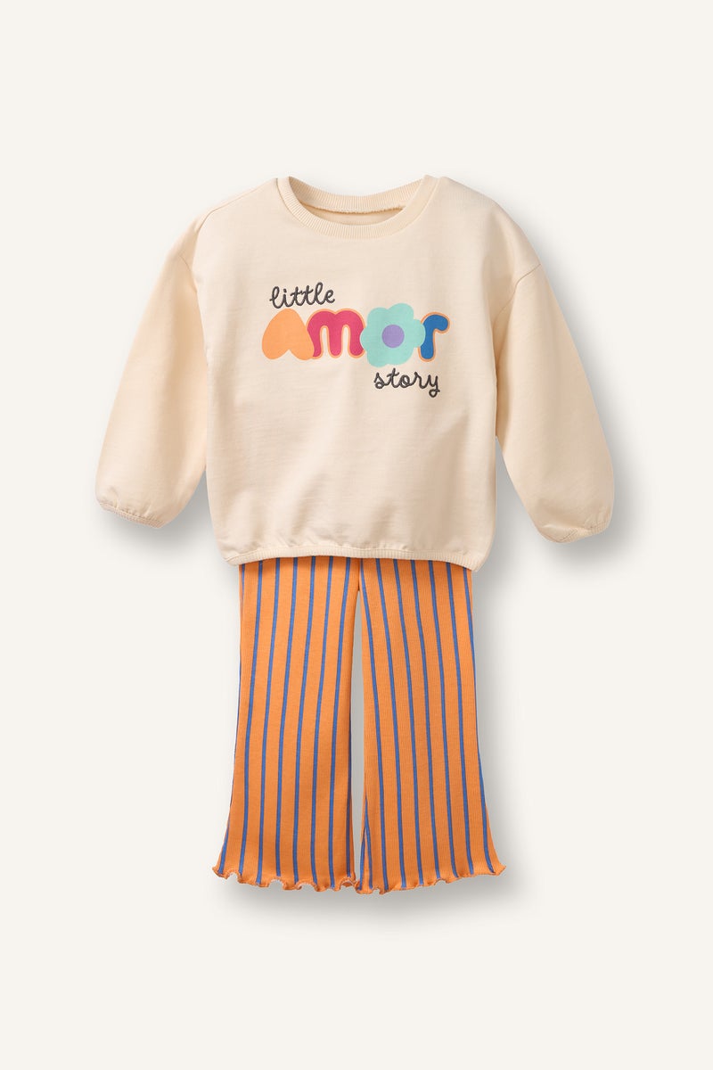 DeFacto Beige BabyGirl Baby Girl Floral Sweatshirt Fabric 2 Piece Set Casual - Image 1