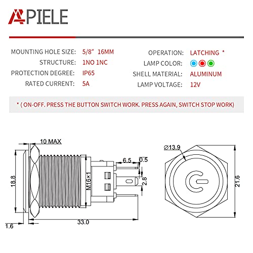 APIELE 16mm Latching Push Button Switch 0.63" 12V Power Symbol Ring Led Car Metal with Socket Plug 1NO1NC SPDT ON/Off (Blue/Black Shell) - Image 2