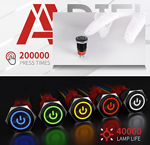 APIELE 16mm Latching Push Button Switch 0.63" 12V Power Symbol Ring Led Car Metal with Socket Plug 1NO1NC SPDT ON/Off (Blue/Black Shell) - Image 4