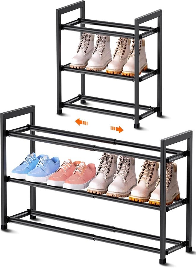 Bumusty 3-Tier Expandable Shoe Rack for Closet, 18“-33” Adjustable Shoe Rack for Small Space, Small Shoe Organizer for Front Door, Sturdy Metal, Black - Image 1