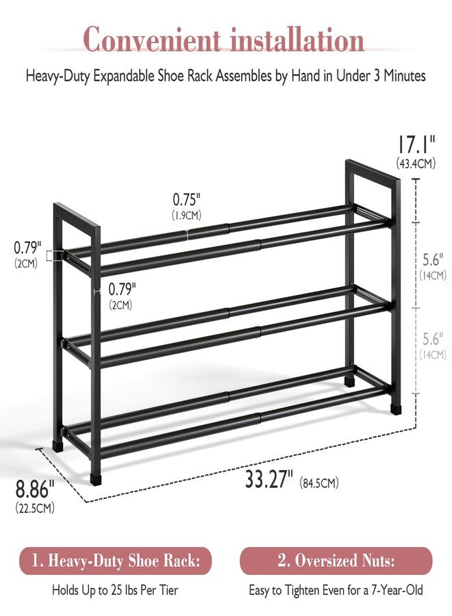 Bumusty 3-Tier Expandable Shoe Rack for Closet, 18“-33” Adjustable Shoe Rack for Small Space, Small Shoe Organizer for Front Door, Sturdy Metal, Black - Image 3