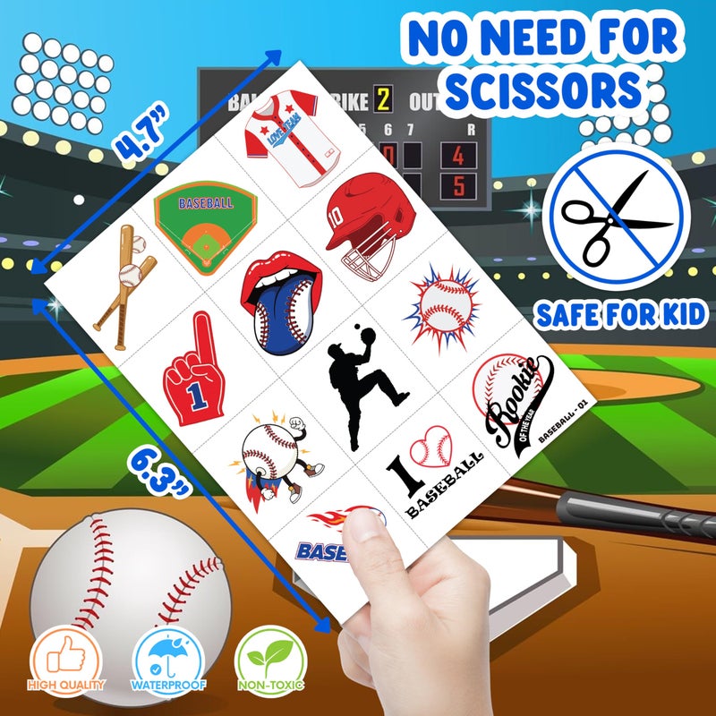 91TATTOOS 96 PCS Baseball Sports Pre-Cut Temporary Tattoos for Kids | Super Cute Baseball Themed Birthday Party Favors, Supplies, Decorations, Fake Tattoo Stickers (multiple) - Image 4