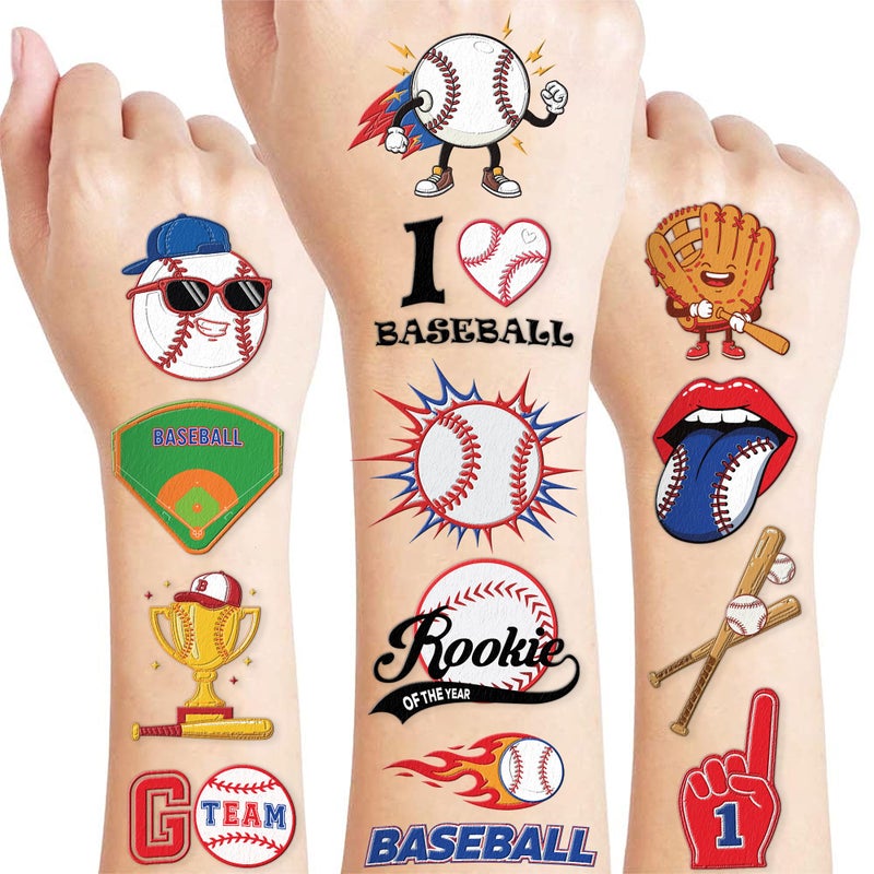 91TATTOOS 96 PCS Baseball Sports Pre-Cut Temporary Tattoos for Kids | Super Cute Baseball Themed Birthday Party Favors, Supplies, Decorations, Fake Tattoo Stickers (multiple) - Image 1