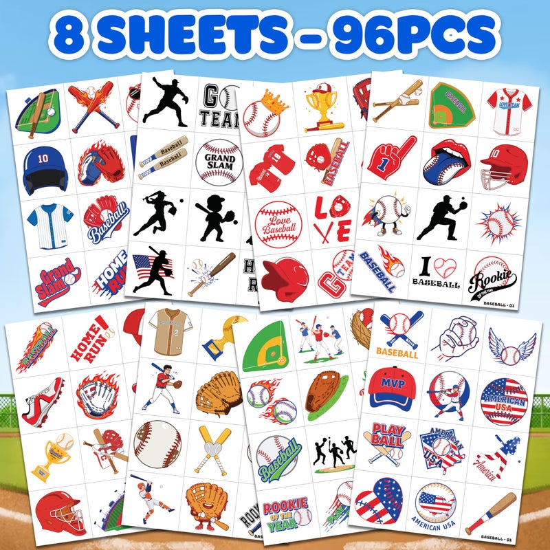91TATTOOS 96 PCS Baseball Sports Pre-Cut Temporary Tattoos for Kids | Super Cute Baseball Themed Birthday Party Favors, Supplies, Decorations, Fake Tattoo Stickers (multiple) - Image 3
