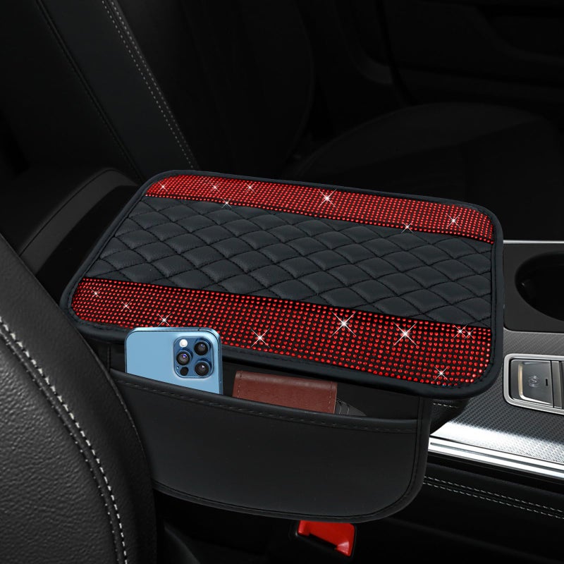 ongfuwu Bling Leather Car Center Console Cover 122748 Crystal Rhinestone Automotive Arm Rest Cover with Side Pockets Universal Vehicle Armrest Protector Interior Car Accessories Red - Image 3
