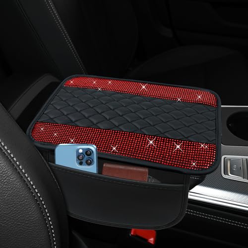 ongfuwu Bling Leather Car Center Console Cover 122748 Crystal Rhinestone Automotive Arm Rest Cover with Side Pockets Universal Vehicle Armrest Protector Interior Car Accessories Red - Image 1