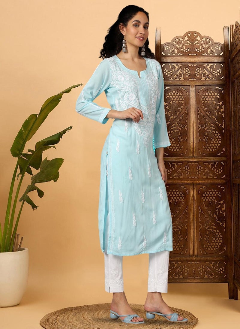 Alaya Women Hand Embroidered Chikankari Rayon Kurta-AL3451  - Image 3
