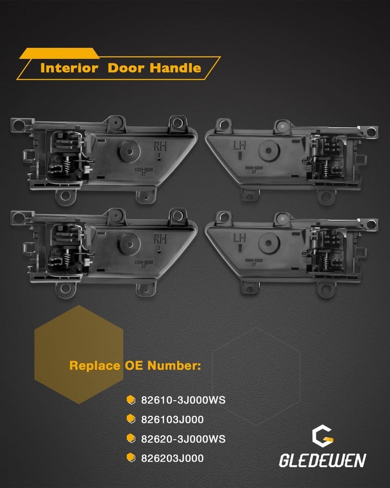 Gledewen Interior Door Handle Set (4PCS), Compatible with 2007-2012 Hyundai Veracruz | Textured Black Front or Rear Left Driver & Right Passenger | Replace# 82610-3J000WS, 82620-3J000WS Inner Handle - Image 2