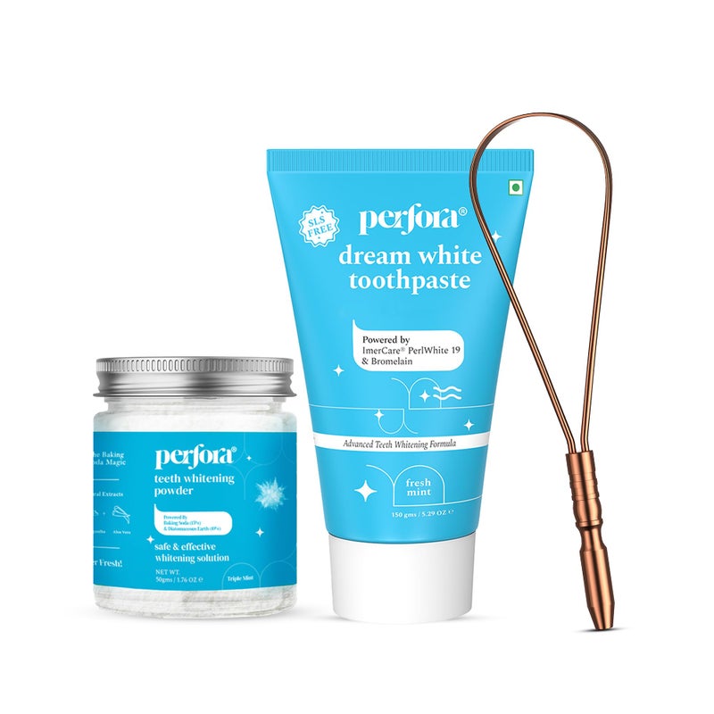 Perfora Tongue Cleaner With Fresh Mint Toothpaste & Teeth Whitening Powder Combo | For Fresh Breath & Bacteria Removal | Improved Taste Sense & Oral Hygiene | Teeth Cleaning Dental Kit - Image 1