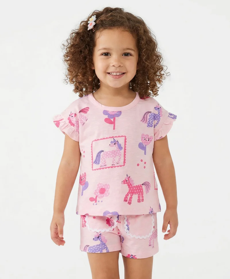 Bonfino Bonfino 100% Cotton T-Shirt and Shorts Set with Unicorn and Flower Print - Pink