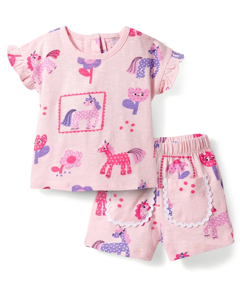 Bonfino Bonfino 100% Cotton T-Shirt and Shorts Set with Unicorn and Flower Print - Pink