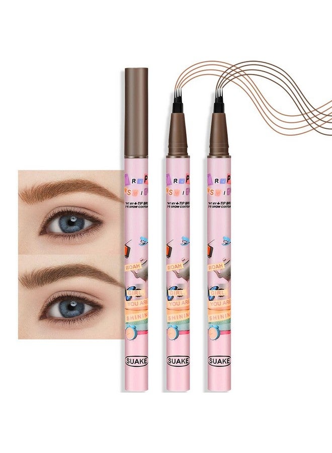 evpct Suake 2Pcs Medium Dark Brown Microblading Eyebrow Contouring Pen Brow Pencil With Hair Like Strokes, 4 Tipped Precise Brow Pencil With Brush Micro-Fork Tips Applicator, Natural Looking Brows - Image 1