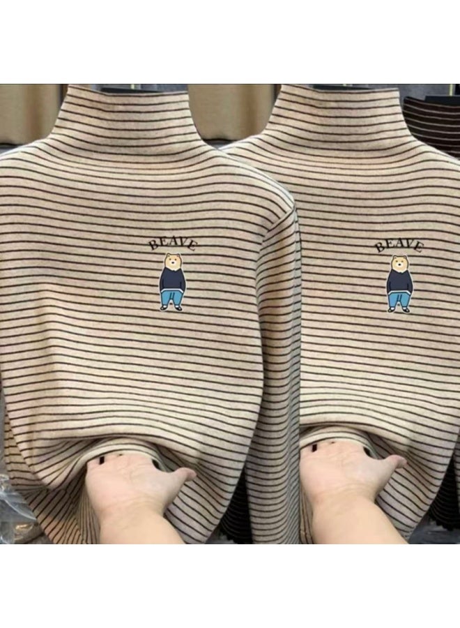 Children's Velvet Base Layer Shirt Semi-turtle Neck Long Sleeve T-shirt Trendy Simple Striped Top Velvet Warm Shirt For Boys And Girls