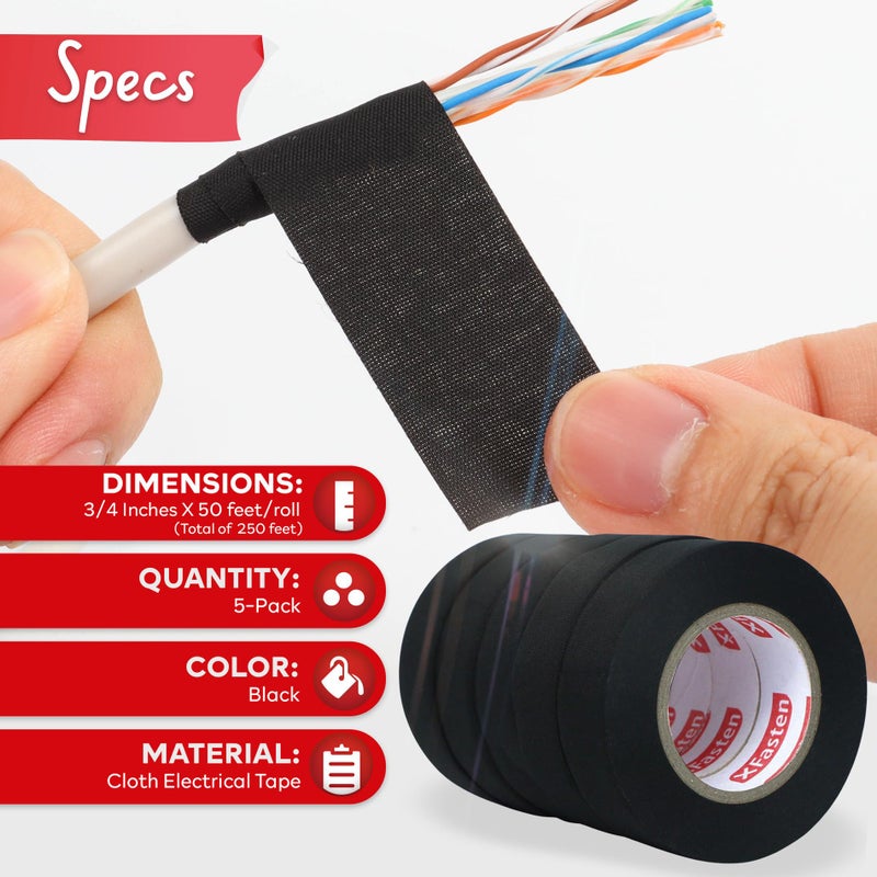 XFasten Wire Harness Tape, 3/4-Inch by 50-Foot (5-Pack), High Temp Wiring Loom Harness Self-Adhesive Felt Cloth Electrical Tape for Automotive Engine and Electrical Wiring - Image 3