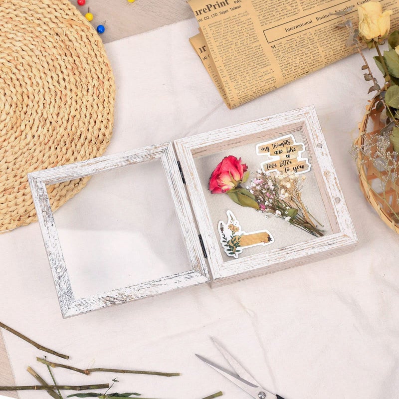 Califortree 5x5 Shadow Box Frame with Linen Back - Sturdy Rustic Memory Display Case of Flower, Pictures, Medals and More, Distressed White - Image 4