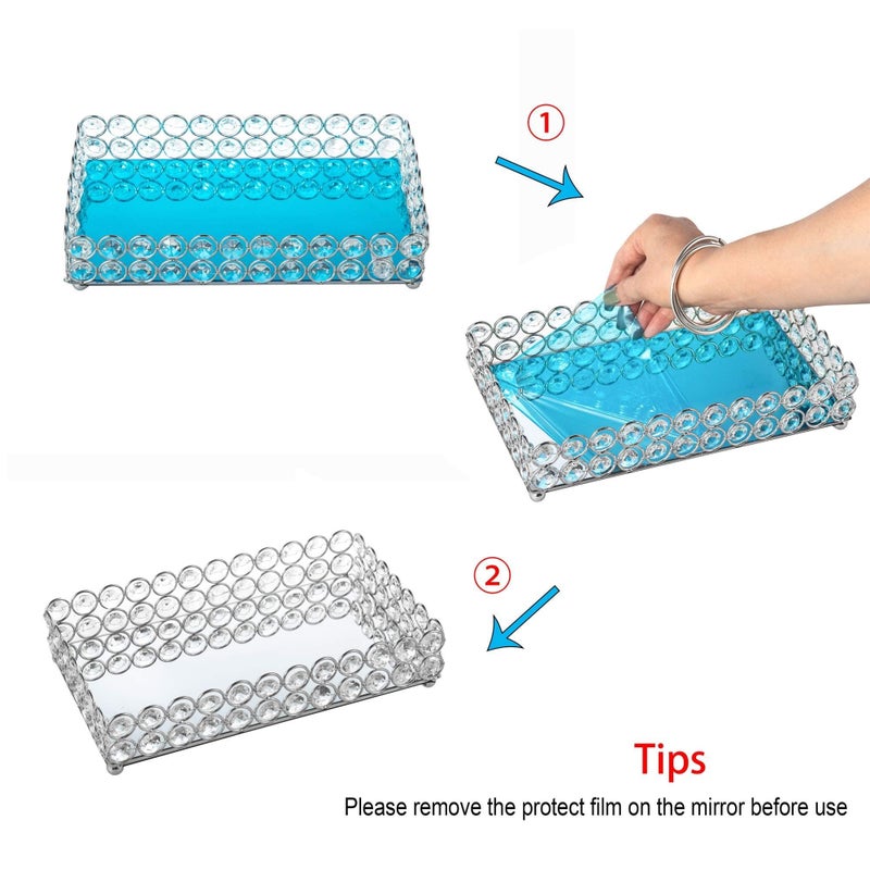 Feyarl Crystal Perfume Tray Cosmetic Vanity Makeup Tray Mirrored Jewelry Trinket Rings Earrings Organizer Storage Decorative Tray for Dresser Countertop Wedding Home Bathroom(13.7" x 7.87") - Image 2