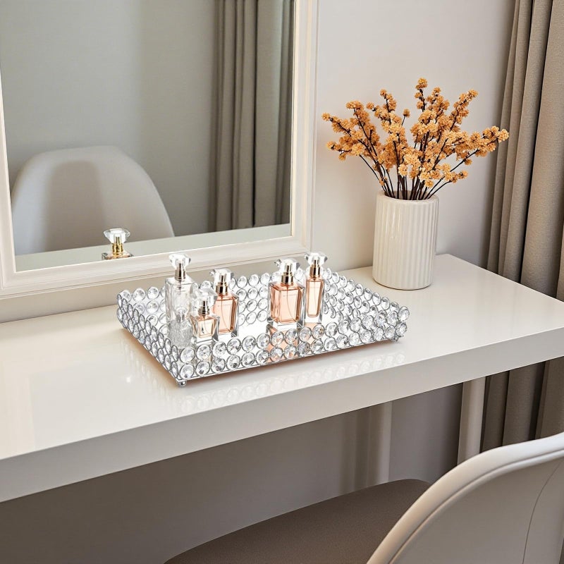 Feyarl Crystal Perfume Tray Cosmetic Vanity Makeup Tray Mirrored Jewelry Trinket Rings Earrings Organizer Storage Decorative Tray for Dresser Countertop Wedding Home Bathroom(13.7" x 7.87") - Image 3