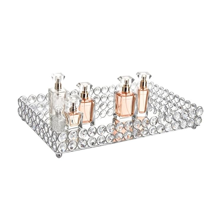 Feyarl Crystal Perfume Tray Cosmetic Vanity Makeup Tray Mirrored Jewelry Trinket Rings Earrings Organizer Storage Decorative Tray for Dresser Countertop Wedding Home Bathroom(13.7" x 7.87") - Image 1