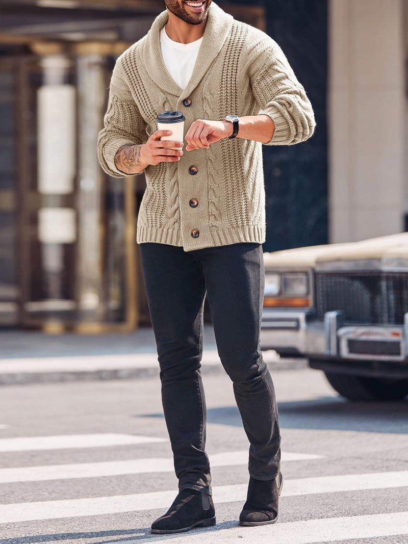 Karlywindow Mens Cable Knit Cardigan Sweater Shawl Collar Loose Fit Long Sleeve Casual Cardigans Beige - Image 3