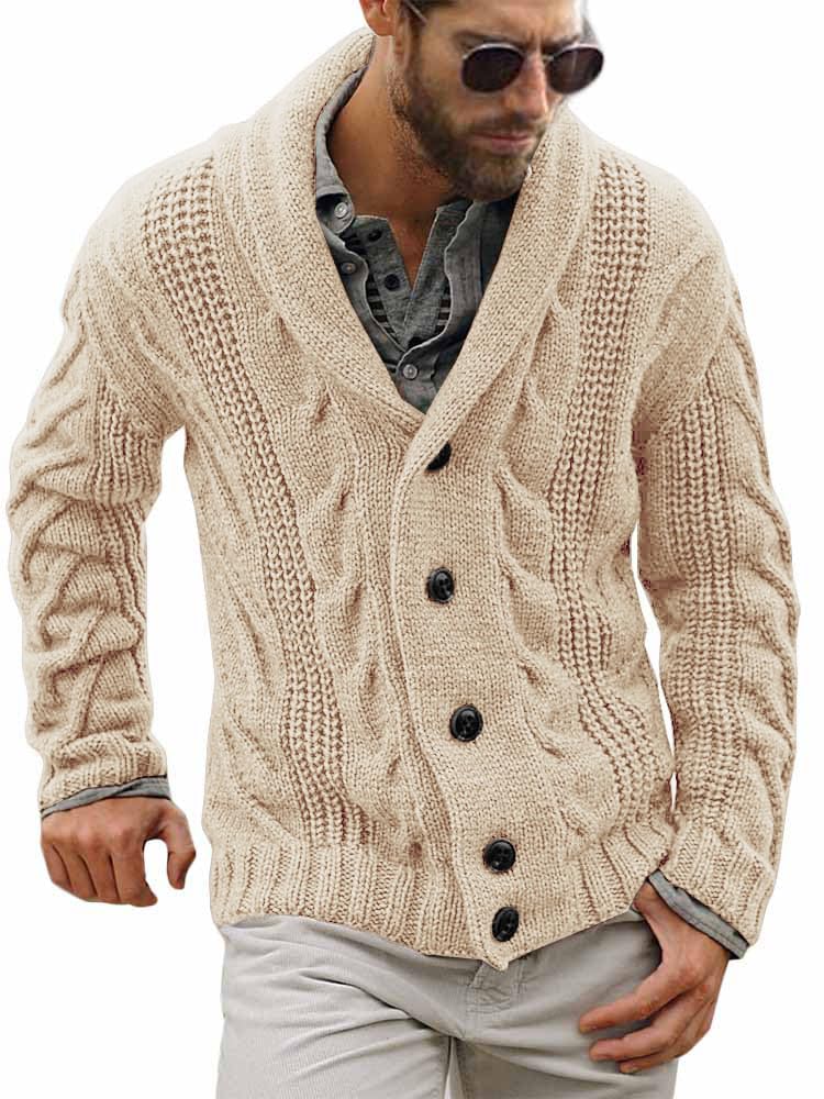 Karlywindow Mens Cable Knit Cardigan Sweater Shawl Collar Loose Fit Long Sleeve Casual Cardigans Beige - Image 1