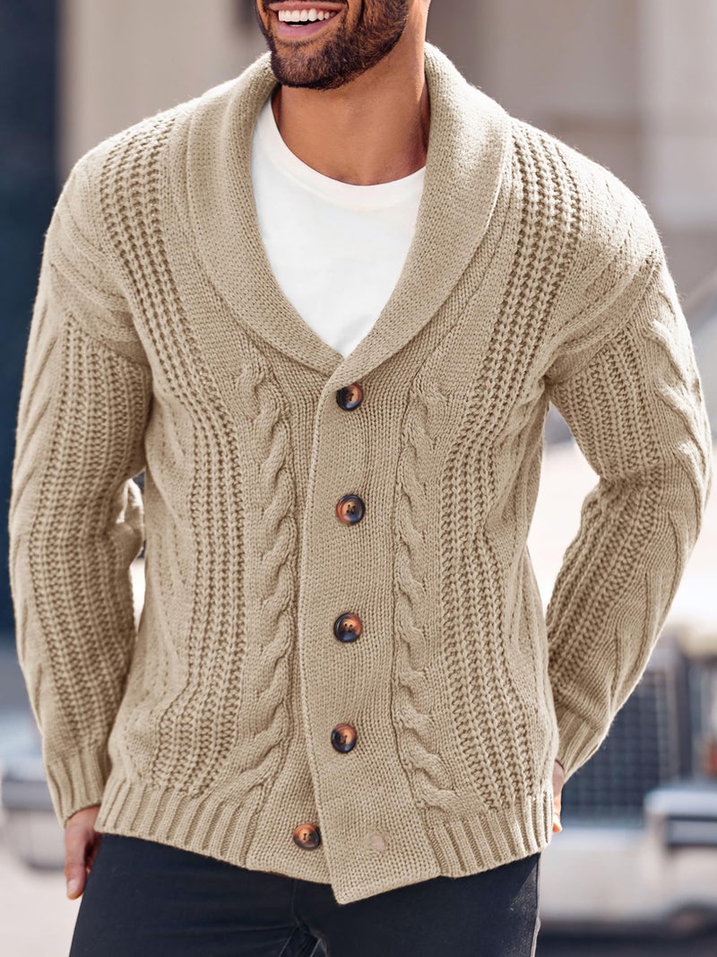 Karlywindow Mens Cable Knit Cardigan Sweater Shawl Collar Loose Fit Long Sleeve Casual Cardigans Beige - Image 2