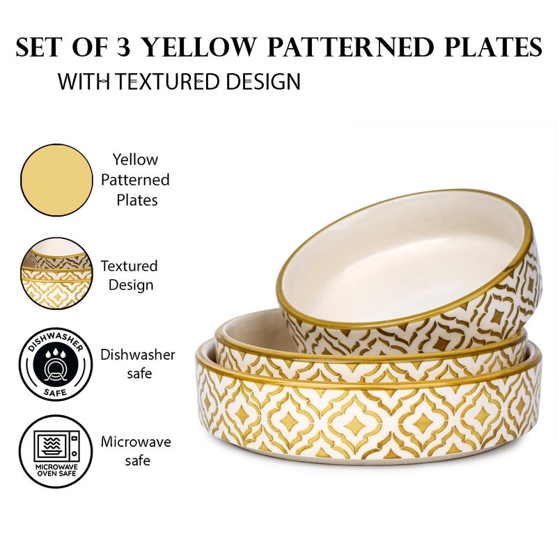 SEPARATE WAY SEPARATE WAY Ceramic Flat Deep Serving Bowl Set of 3, Mix Size - 800ml, 600ml, and 500ml | Glossy Finish | Salad, Snack, Pasta Plates | Flat Bowl | Serving Plate | Mix Bowl Plates (Moroccan Golden) - Image 3