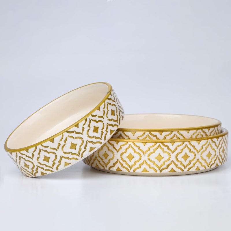 SEPARATE WAY SEPARATE WAY Ceramic Flat Deep Serving Bowl Set of 3, Mix Size - 800ml, 600ml, and 500ml | Glossy Finish | Salad, Snack, Pasta Plates | Flat Bowl | Serving Plate | Mix Bowl Plates (Moroccan Golden) - Image 5