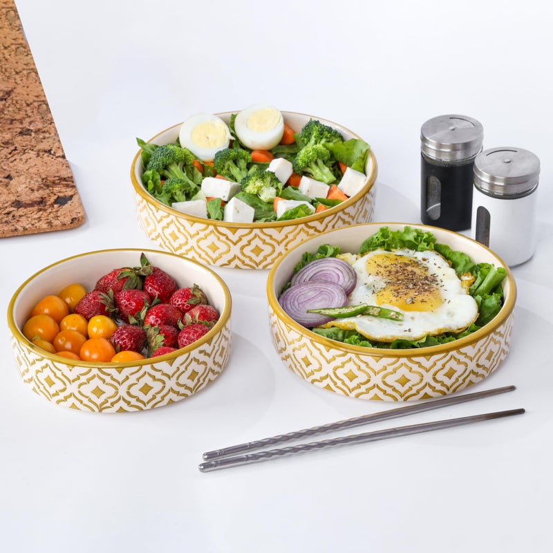 SEPARATE WAY SEPARATE WAY Ceramic Flat Deep Serving Bowl Set of 3, Mix Size - 800ml, 600ml, and 500ml | Glossy Finish | Salad, Snack, Pasta Plates | Flat Bowl | Serving Plate | Mix Bowl Plates (Moroccan Golden) - Image 2