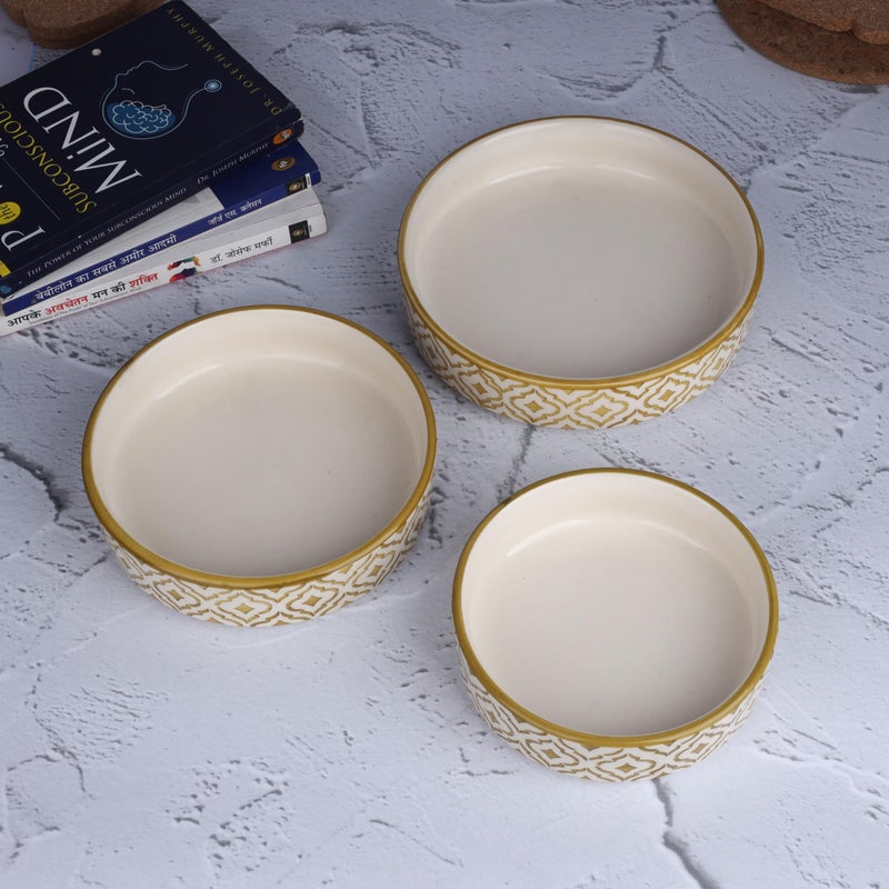 SEPARATE WAY SEPARATE WAY Ceramic Flat Deep Serving Bowl Set of 3, Mix Size - 800ml, 600ml, and 500ml | Glossy Finish | Salad, Snack, Pasta Plates | Flat Bowl | Serving Plate | Mix Bowl Plates (Moroccan Golden) - Image 4