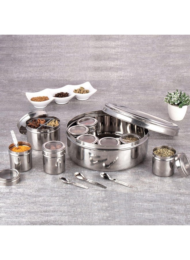 NATULIX Stainless Steel 12 IN 1 Masala Box for Kitchen | Spice Box for Kitchen | Masala Container | Masala Dabba with individual See through lid 4 Spoons | Silver (2.5 Ltr | X-Large | 22.5cm) - Image 2