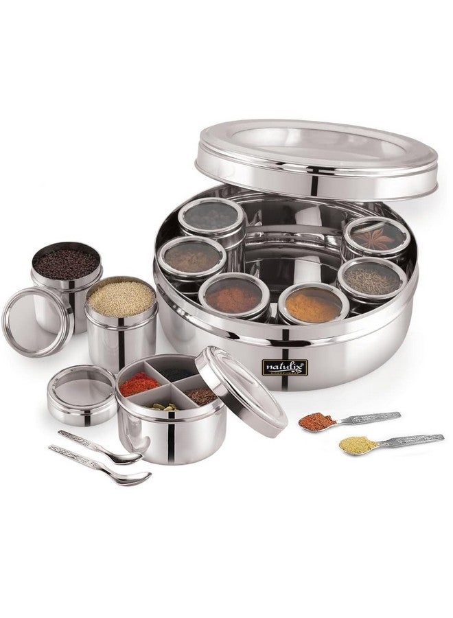 NATULIX Stainless Steel 12 IN 1 Masala Box for Kitchen | Spice Box for Kitchen | Masala Container | Masala Dabba with individual See through lid 4 Spoons | Silver (2.5 Ltr | X-Large | 22.5cm) - Image 1