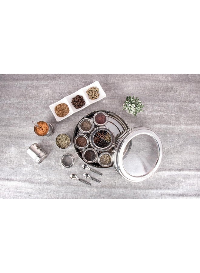 NATULIX Stainless Steel 12 IN 1 Masala Box for Kitchen | Spice Box for Kitchen | Masala Container | Masala Dabba with individual See through lid 4 Spoons | Silver (2.5 Ltr | X-Large | 22.5cm) - Image 3