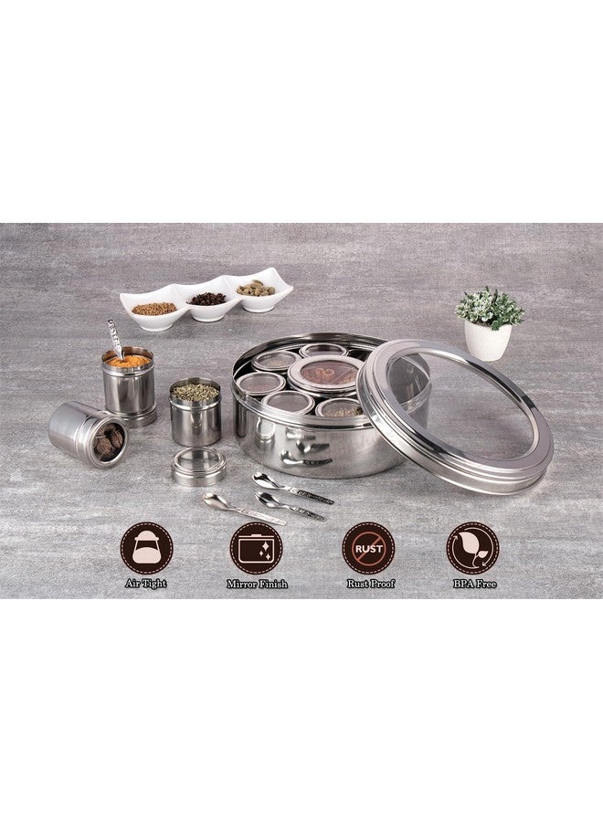 NATULIX Stainless Steel 12 IN 1 Masala Box for Kitchen | Spice Box for Kitchen | Masala Container | Masala Dabba with individual See through lid 4 Spoons | Silver (2.5 Ltr | X-Large | 22.5cm) - Image 5