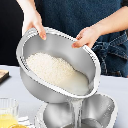 SohoTeco Rice Washing Bowls Set of 2, Rice Rinser Strainer, 4-in-1 Stainless Steel Colander, Versatile Colanders & Strainers for Washing Vegetables, Fruits, Beans & Pasta - Image 2