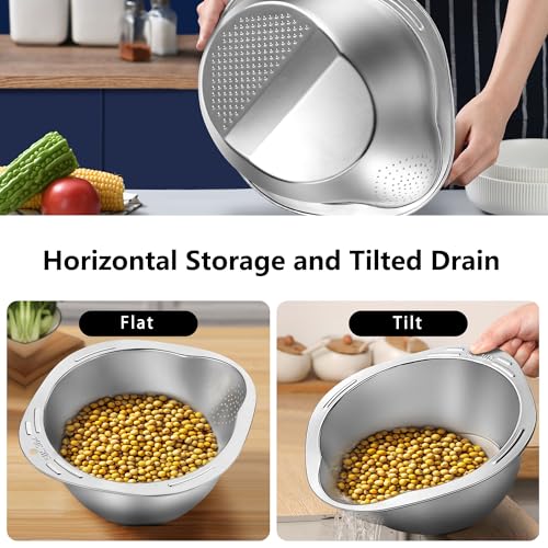 SohoTeco Rice Washing Bowls Set of 2, Rice Rinser Strainer, 4-in-1 Stainless Steel Colander, Versatile Colanders & Strainers for Washing Vegetables, Fruits, Beans & Pasta - Image 4