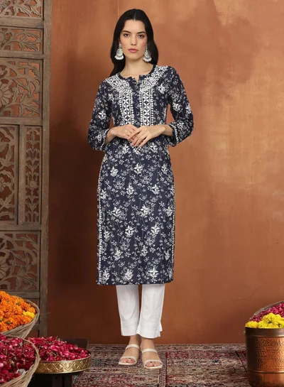 Alaya Women Hand Embroidered Chikankari Mulmul Cotton Printed Kurta-AL4041