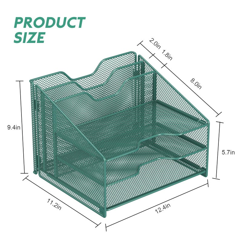 Samstar Green Desk File Organizer, Mesh Letter File Folder Holder with 3 Paper Trays and 2 Vertical Upright Section, for Office Supplies, Desk Accessories & Workspace, Green - Image 3
