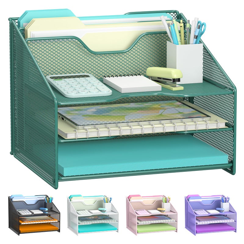 Samstar Green Desk File Organizer, Mesh Letter File Folder Holder with 3 Paper Trays and 2 Vertical Upright Section, for Office Supplies, Desk Accessories & Workspace, Green - Image 1