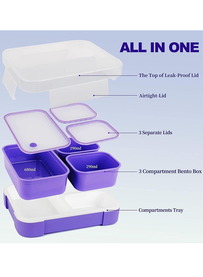 Adult Kids Lunch Box Insulated Bento Bento Box with Cutlery 1260ML 3 Compartment Divided Lunch Container with Lid Leak Proof (Plastic Purple) - Image 2