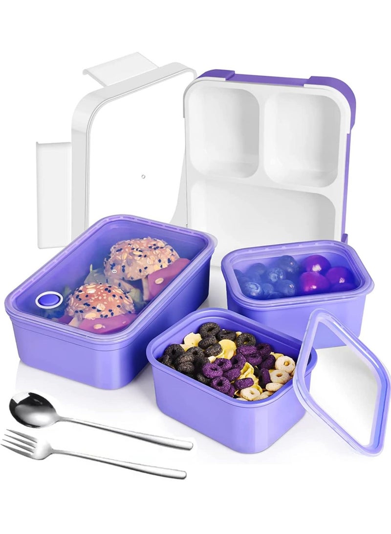 Adult Kids Lunch Box Insulated Bento Bento Box with Cutlery 1260ML 3 Compartment Divided Lunch Container with Lid Leak Proof (Plastic Purple) - Image 1