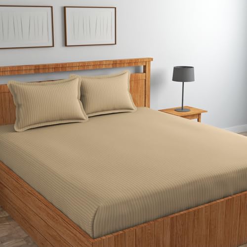 Blue Strip 220 TC Glace Cotton Satin Stripes Plain King Size Bedsheet for Double Bed with Two Pillow Covers for Home/Hotels/Guest House,Size-90 x 90 Inches(Flat) (Cream) - Image 1