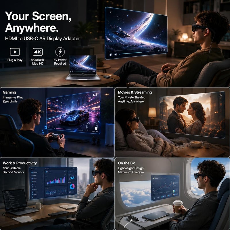 AR Glasses HDMI to USB-C Display Adapter, 4K@60Hz Play and Charge AR Converter with DC 5V, for XREAL One/Air 2 Pro/RayNeo/Rokid, Switch 2/1, Xbox1, PS4/5, Portable Monitors (Black) | HDMI Source to USB-C Display Converter, for XREAL /Air Pro/RayNeo/Rokid, Switch 2/1, Xbox1, PS4/5, Portable Monitors (Black) - Image 4