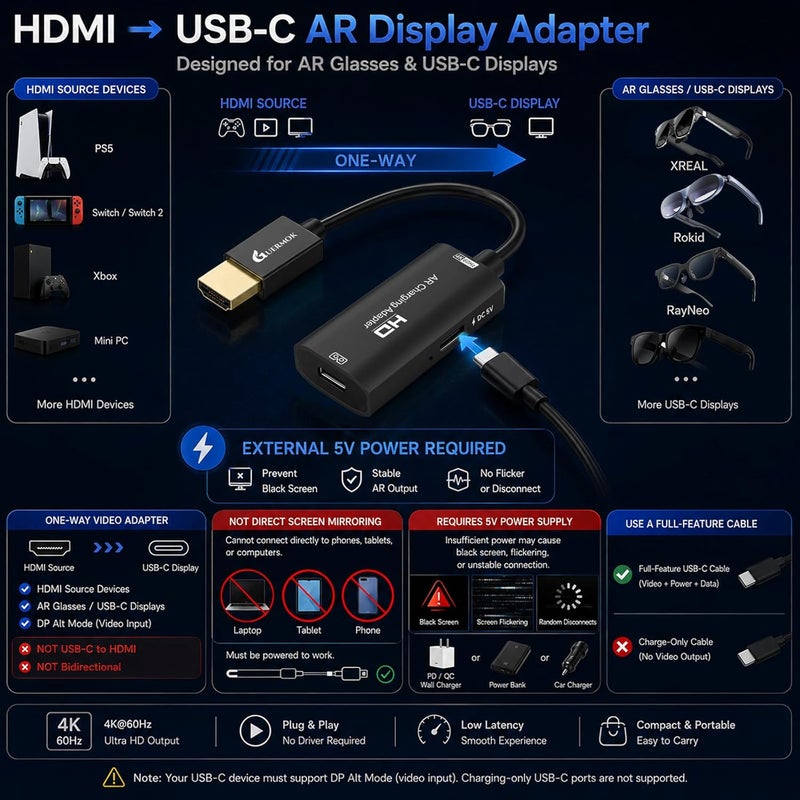 AR Glasses HDMI to USB-C Display Adapter, 4K@60Hz Play and Charge AR Converter with DC 5V, for XREAL One/Air 2 Pro/RayNeo/Rokid, Switch 2/1, Xbox1, PS4/5, Portable Monitors (Black) | HDMI Source to USB-C Display Converter, for XREAL /Air Pro/RayNeo/Rokid, Switch 2/1, Xbox1, PS4/5, Portable Monitors (Black) - Image 2