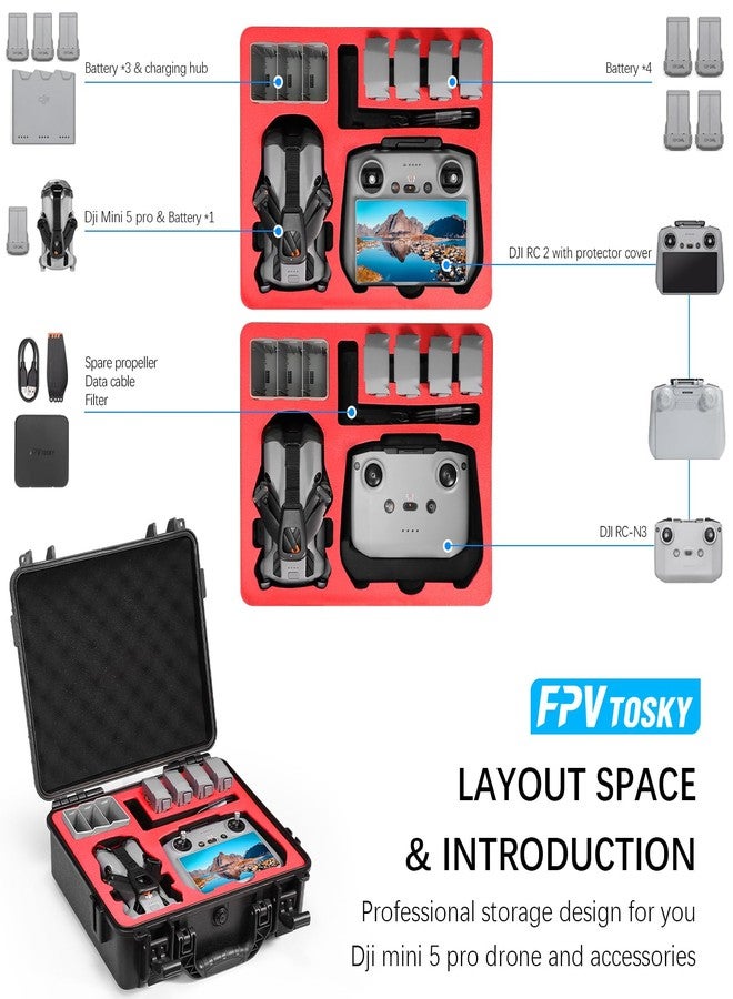 FPVtosky حافظة FPVtosky الصلبة لجهاز DJI Mini 5 Pro / Fly More Combo / Plus، حافظة مقاومة للماء لحمل ملحقات Mavic Mini5 Pro RC 2 [حافظة فقط] - Image 2